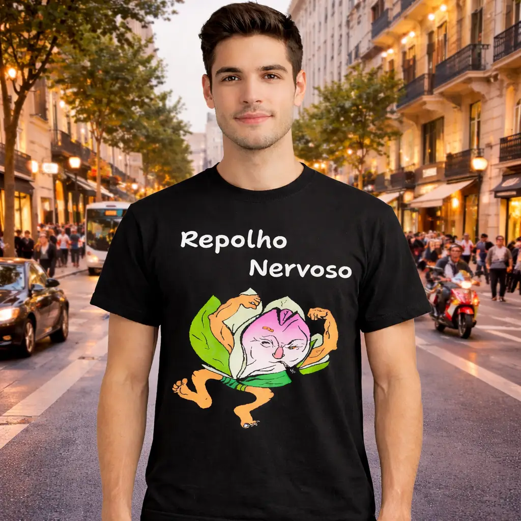 Modelo exibindo estampa exclusiva Repolho Nervoso