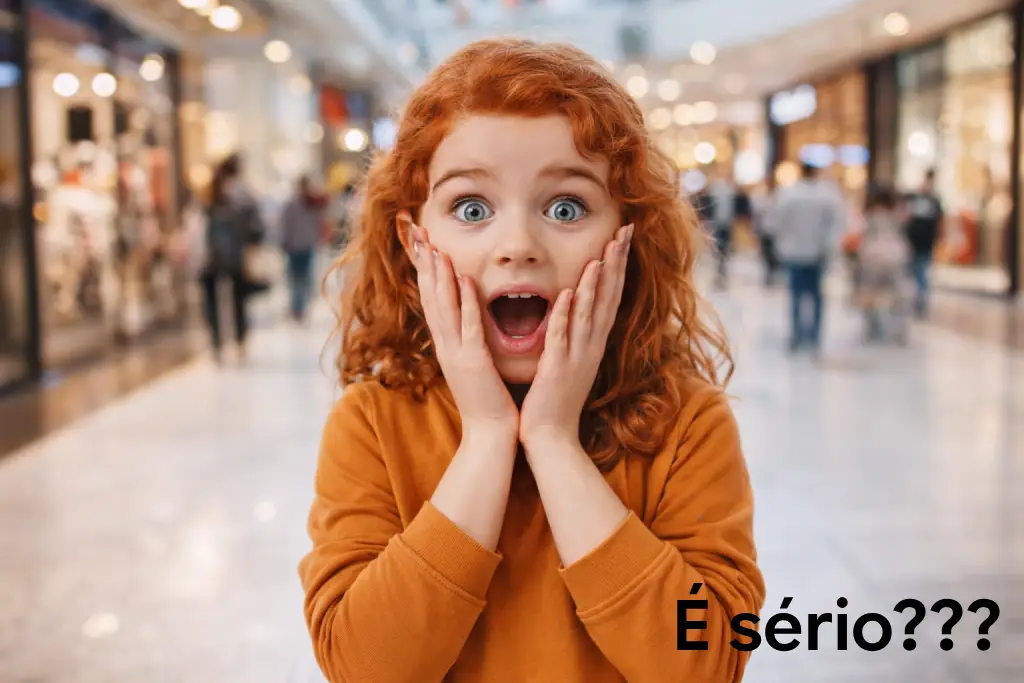 Criança com expressão espantada e a frase 'É Sério'